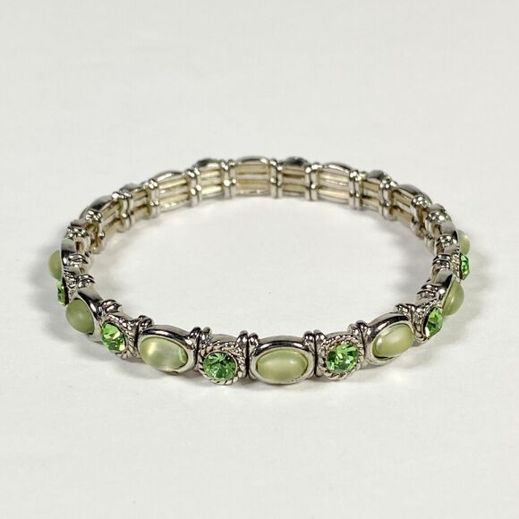 Green Crystal Cobochon Charm Stretch Bracelet Dainty Bling Silver Tone Jewelry - Picture 1 of 8